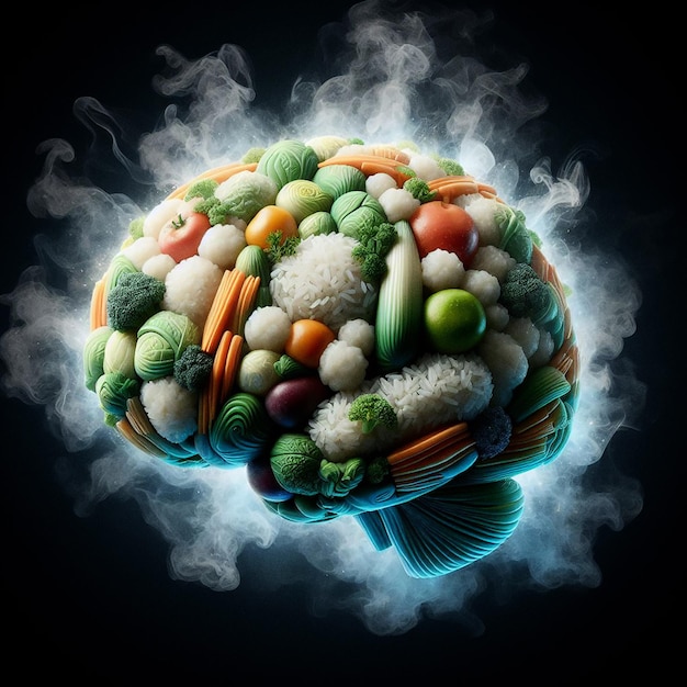 Fusão cerebral com vegetais e arroz