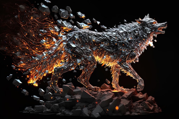 Fusão de IA generativa de lobo de metal explodindo através do fogo cercado por cacos de vidro espalhados e energia cósmica de detritos