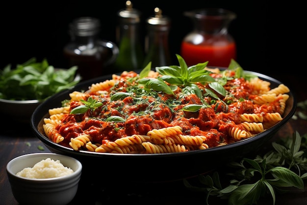 Foto fusili saboroso com molho de pimenta vermelha assado