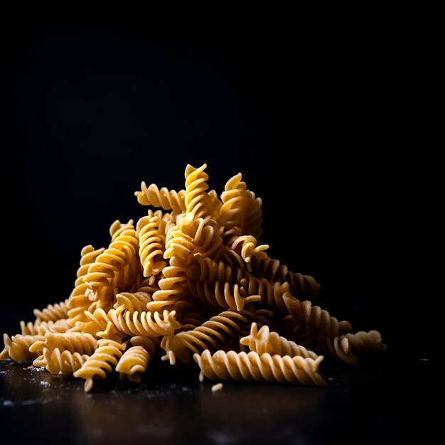 Fusilli de macarrão cru em fundo preto