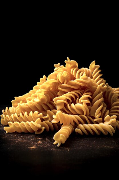 Fusilli de macarrão cru em fundo preto