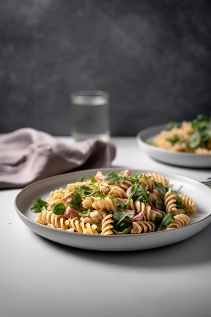 Fusilli-Nudeln mit Chorizo und Gemüse auf dem Teller italienisches Essen