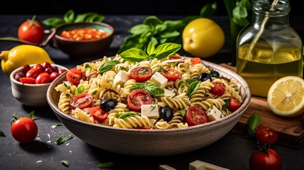 Fusilli-Pasta mit Tomaten, Oliven und Feta