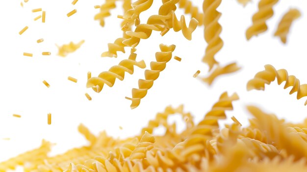 Foto fusilli rotini crudo en caída pasta italiana sin cocinar aislada sobre un fondo blanco ia generativa