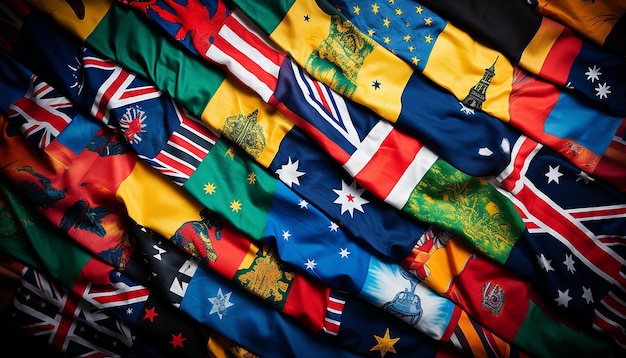 Foto fusión de la bandera australiana con las banderas de otros países en un colorido realista