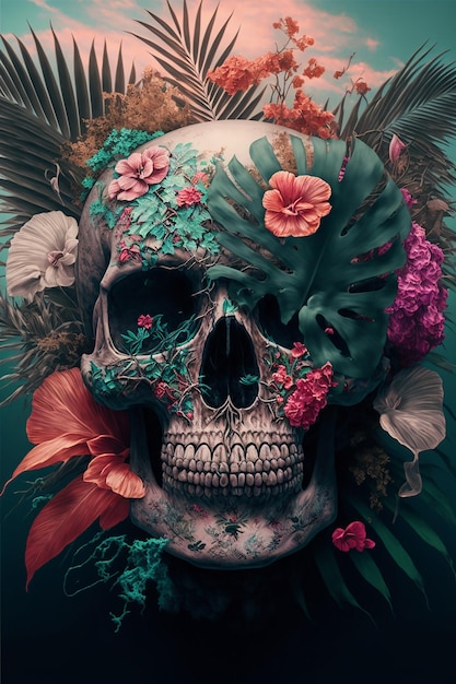 Fusión de calavera y naturaleza tropical.