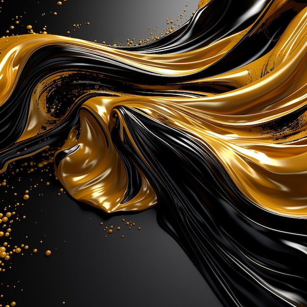 Fusión de fluidos dorados y negros brillantes en 3D