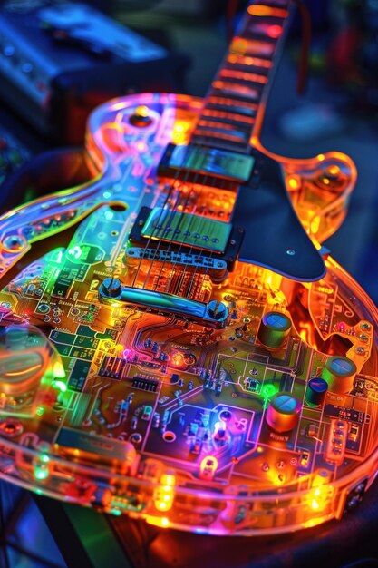 Foto la fusión de la guitarra con los leds vibrantes de la placa de circuitos