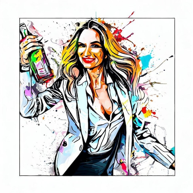 Fusion in Frames Geschäftsfrauenakt mit Wodka im gemischten Stil Line Art Pop Art und Splash