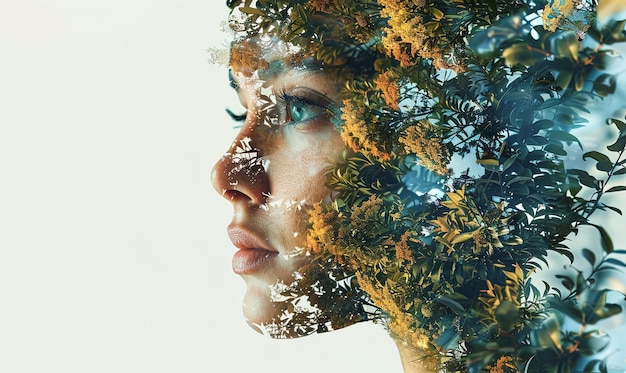 Fusión de naturaleza surrealista y retrato de mujer