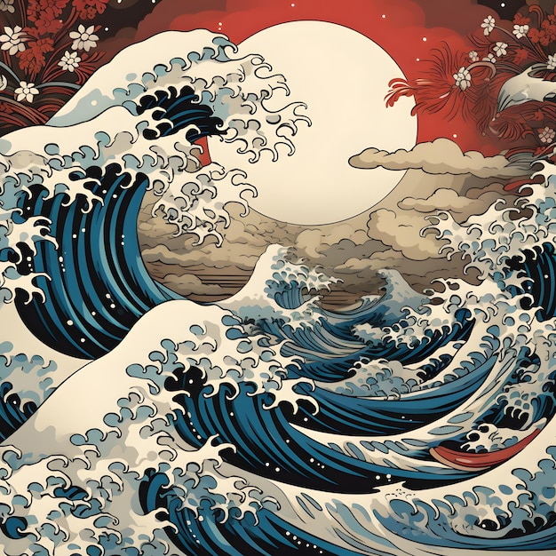 una fusión de la onda icónica de Hokusai las nubes atmosféricas