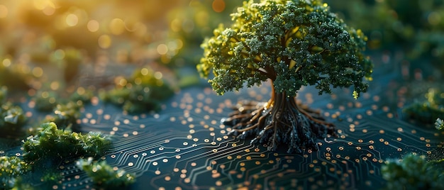 Foto fusión de tecnología y naturaleza tabla de circuitos informáticos integración con un árbol para simbolizar tecnología verde y ética concepto tecnología y naturaleza tecnología verde ética tabla de circuito informático