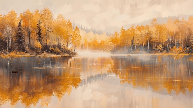 Fusión de tranquilos lagos y bosques de otoño adornados con tonos dorados y naranjas