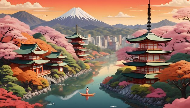 Foto fusion zwischen pop-art-deco und traditioneller japanischer kunst