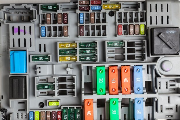 Foto fusíveis automotivos em um painel branco com suportes e marcações multicoloridas um dispositivo de proteção que abre o circuito elétrico quando a corrente nominal do circuito é excedida reparo elétrico