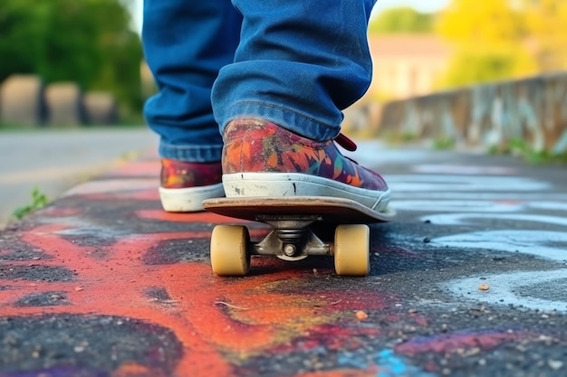 Fuß auf dem Skateboard-Stadtpark mit Graffiti
