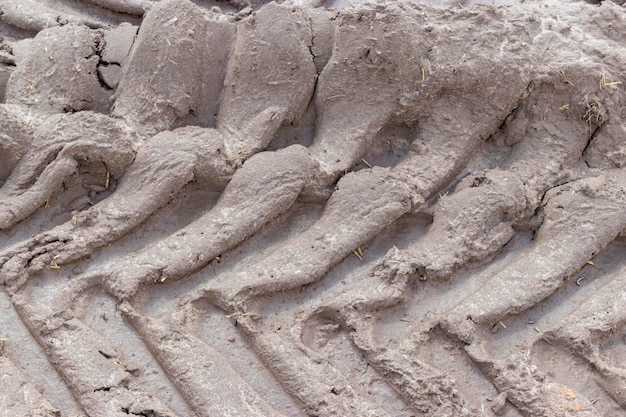 Fußabdruck der Radlauffläche auf der Bodenstraße Die Spur von der Lauffläche der LKW-Räder Autoreifen-Laufflächenabdruck auf Sand Hintergrundtextur Fußabdrücke Gummireifen von Automobilen Nahaufnahme