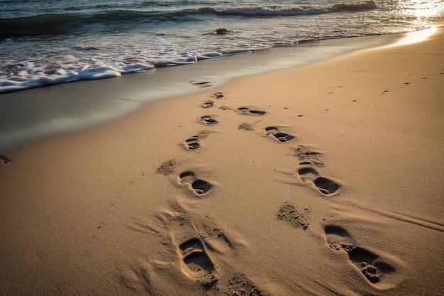 Fußabdrücke im Sand bei Sonnenuntergang an einem wunderschönen Strand