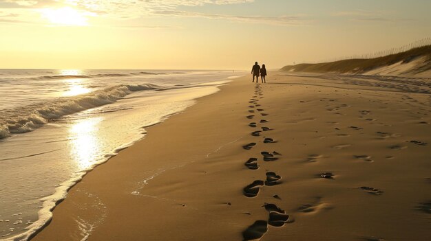 Fußabdrücke im Sand zeigen einen Weg gemeinsamer Reisen entlang eines atemberaubenden Strandes Entdecken Sie dieses fesselnde Bild, das Verbindung, Abenteuer und Erinnerungen symbolisiert