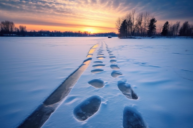 Fußabdrücke im Schnee, die zu einem Eisfischloch auf einem See führen, die mit generativer AI erzeugt wurden