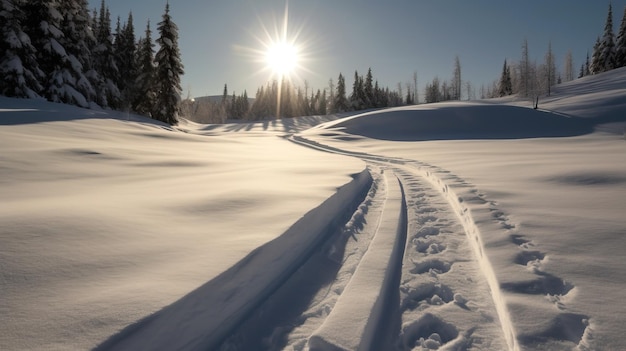 Fußabdrücke in Schnee im Wald Sonnenuntergang Hintergrund Aktive Erholung Wintersport Naturstrahlen