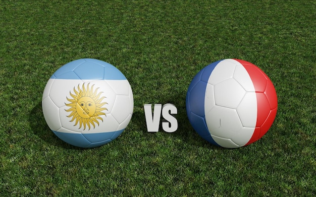Fußbälle in Flaggenfarben auf dem Fußballplatz Argentinien mit Frankreich 3D-Rendering