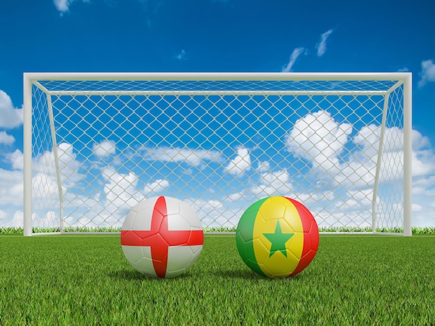 Fußbälle in Flaggenfarben auf dem Fußballplatz England mit Senegal-3D-Rendering