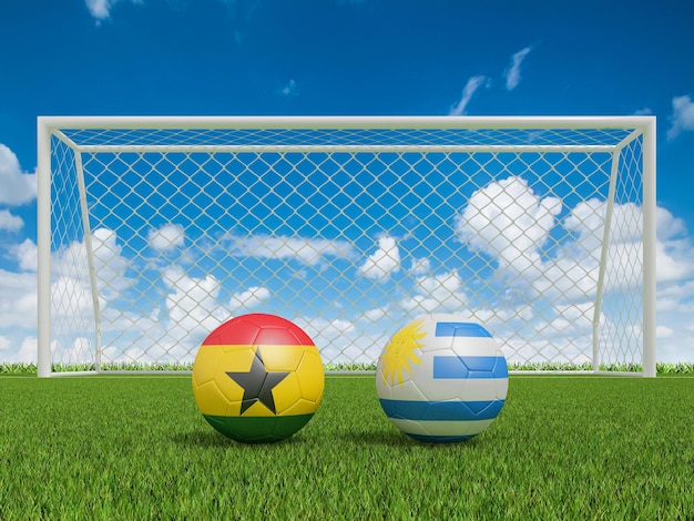 Fußbälle in Flaggenfarben auf dem Fußballplatz Ghana mit Uruguay 3D-Rendering