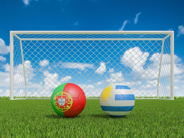 Fußbälle in Flaggenfarben auf dem Fußballplatz Portugal mit Uruguay 3D-Rendering