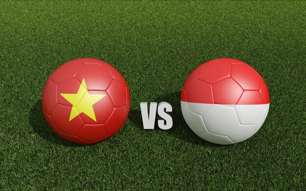 Fußbälle in Flaggenfarben auf dem Fußballplatz Vietnam mit Indonesien 3D-Rendering