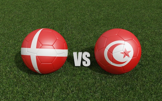 Fußbälle in Flaggenfarben auf Gras Dänemark mit Tunesien-Fußballweltmeisterschaft 2022 3D-Darstellung