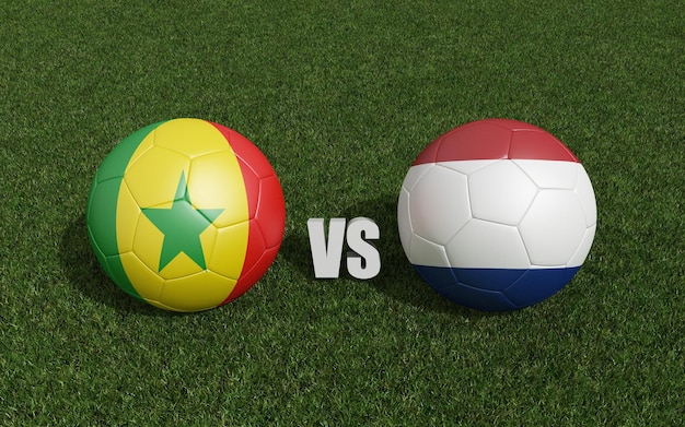 Fußbälle in Flaggenfarben auf Gras Senegal mit niederländischer Fußballweltmeisterschaft 2022 3D-Darstellung