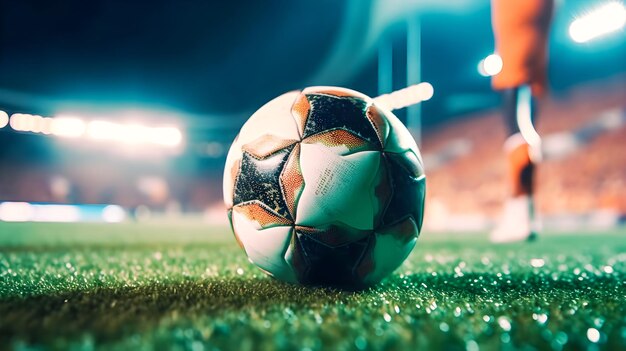Fußball auf dem Rasen eines Fußballstadions, beleuchtet durch die Flutlichter der Tribünen. Sport und Turniere