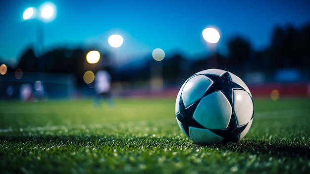 Fußball auf grünem Gras des Fußballstadions bei Nacht mit Lichtern