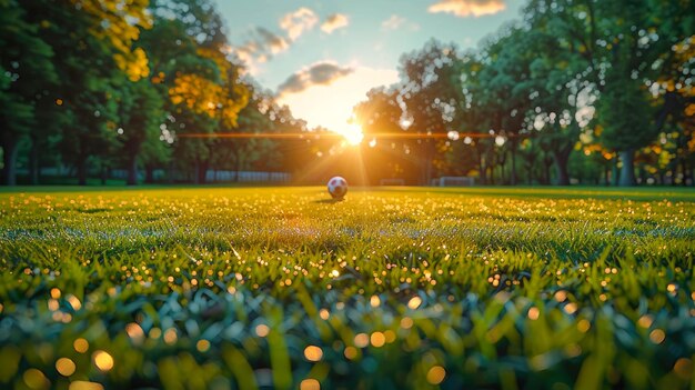 Fußball auf grünem Gras im Park am Sonnenuntergang Fußballfeld