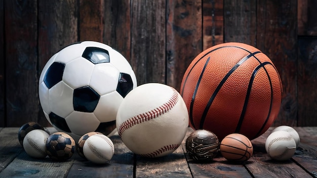 Fußball, Baseball, Rugby und Basketball auf einem Holztisch