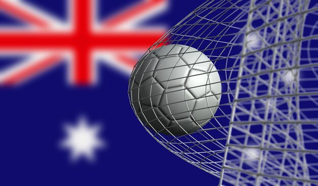 Fußball erzielt ein Tor in einem Netz gegen die 3D-Darstellung der australischen Flagge