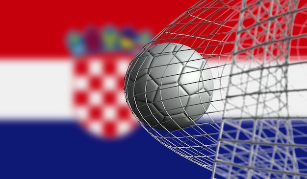 Fußball erzielt ein Tor in einem Netz gegen die 3D-Darstellung der kroatischen Flagge