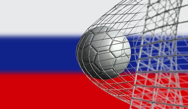 Fußball erzielt ein Tor in einem Netz gegen die 3D-Darstellung der russischen Flagge