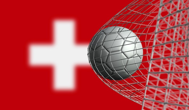 Fußball erzielt ein Tor in einem Netz gegen die 3D-Darstellung der Schweizer Flagge