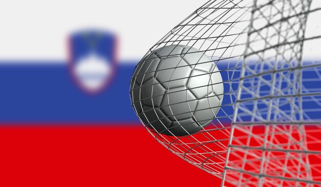 Fußball erzielt ein Tor in einem Netz gegen die 3D-Darstellung der slowenischen Flagge