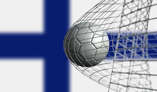 Fußball erzielt ein Tor in einem Netz gegen die finnische Flagge 3D-Rendering