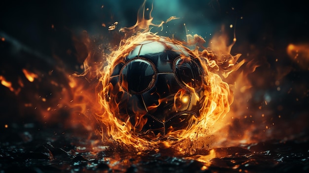 Fußball-Fußball-Feuerflamme im Hintergrund des Stadions gemischt mediagenerative ai