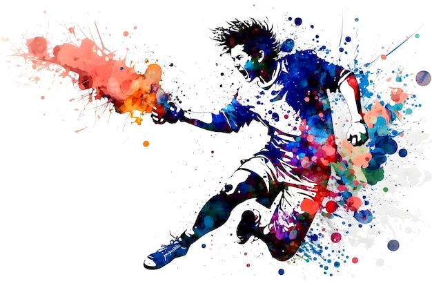 Fußball-Fußballspieler in Aktion mit Regenbogen-Aquarell-Spritzer, isolierter weißer Hintergrund, neuronales Netzwerk generierte Kunst