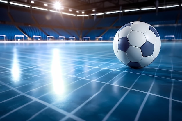 Fußball-Futsal-Ball, Tor und Boden, Hallenfußball-Sporthalle, Sport, Futsal-Hintergrund, Hallenfußball-Winterliga, generative KI