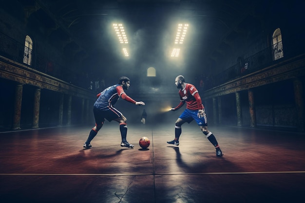 Fußball Futsal Ball und Mann Mannschaftsspieler Hallenfußball Sporthalle Werbequalität Generative KI