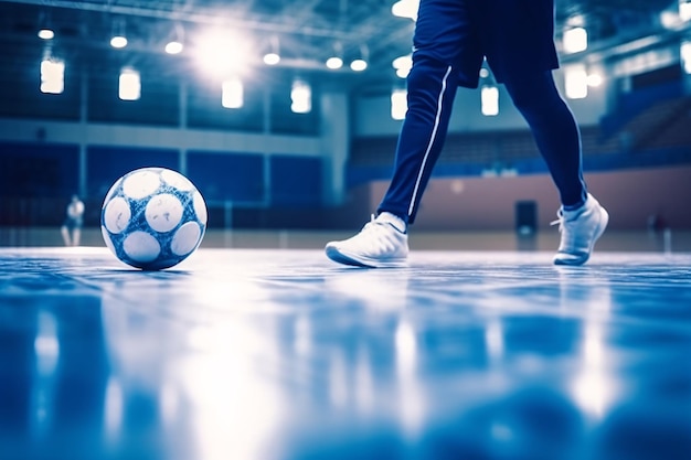 Foto fußball-futsal-spieler, ball, futsal-boden, sporthintergrund, hallenfußball-sporthalle, jugend-futsal-liga, hallenfußballspieler und fußball, generative ki