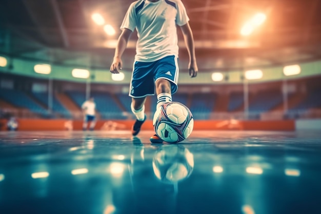 Fußball-Futsal-Spieler, Ball, Futsal-Boden, Sporthintergrund, Hallenfußball-Sporthalle, Jugend-Futsal-Liga, Hallenfußballspieler und Fußball, generative KI