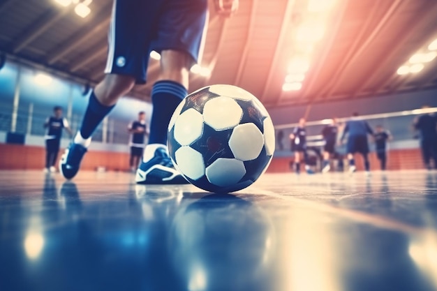 Foto fußball-futsal-spieler, ball, futsal-boden, sporthintergrund, hallenfußball-sporthalle, jugend-futsal-liga, hallenfußballspieler und fußball, generative ki