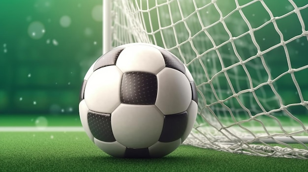 Fußball im Tor mit grünem Hintergrund, fotorealistische KI generiert